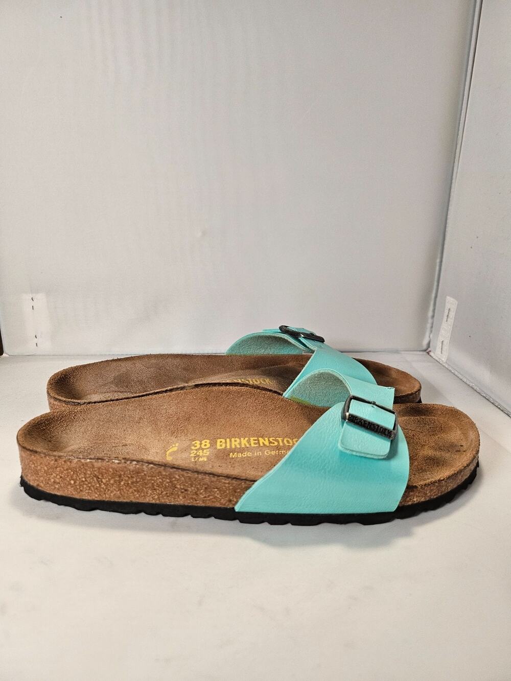 Birkenstock Madrid Birko Flor Turquoise Women's Leather Slide Sandals